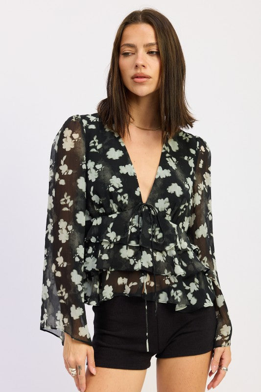 Floral Tie Front Ruffled Blouse - Premium variable from Tooksie - Just $50.99! Shop now at Tooksie