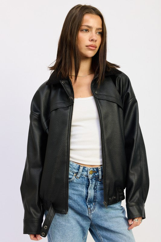 Shearling Collar Faux Leather Bomber Jacket - Premium variable from Tooksie - Just $122.99! Shop now at Tooksie