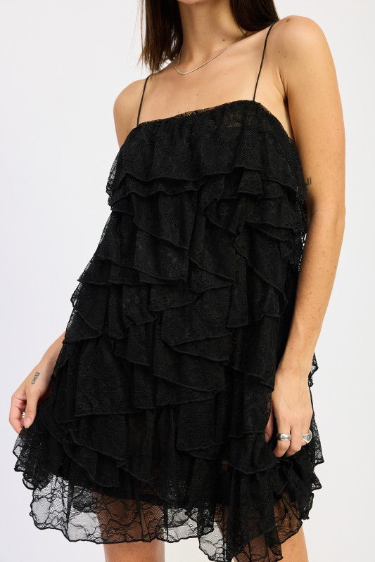 Lace Ruffle Mini Dress With Spaghetti Straps - Premium variable from Tooksie - Just $72.99! Shop now at Tooksie
