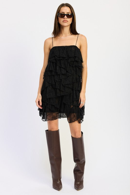 Lace Ruffle Mini Dress With Spaghetti Straps - Premium variable from Tooksie - Just $72.99! Shop now at Tooksie