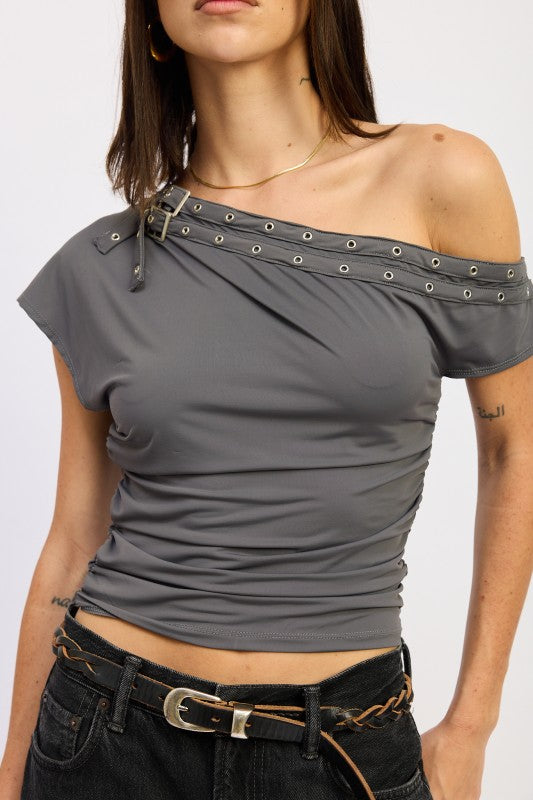 Grommet Belted Asymmetrical Top - Premium variable from Tooksie - Just $58.99! Shop now at Tooksie