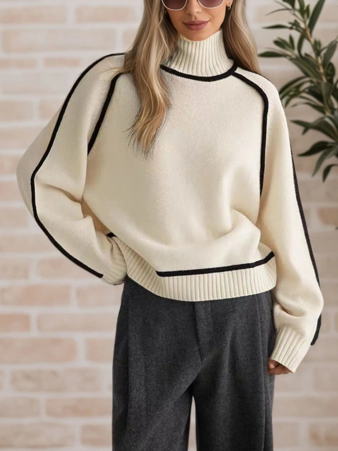 Contrast Trim Turtleneck Sweater - Premium variable from Tooksie - Just $52.99! Shop now at Tooksie
