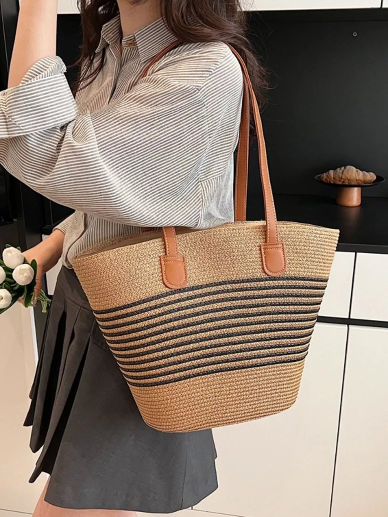 Striped Woven Straw Shoulder Bag - Premium simple from Tooksie - Just $33.99! Shop now at Tooksie
