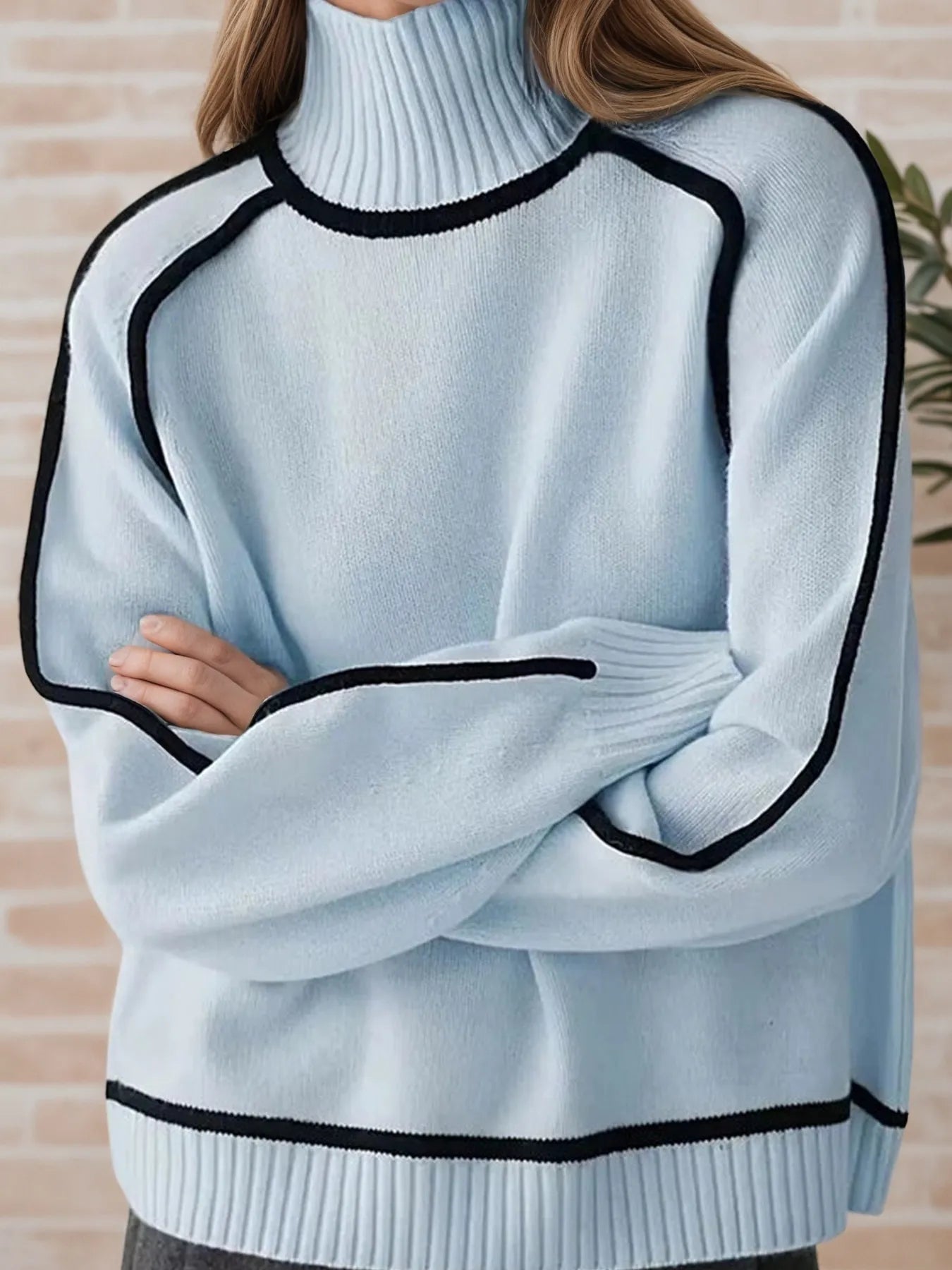 Contrast Trim Turtleneck Sweater - Premium variable from Tooksie - Just $52.99! Shop now at Tooksie
