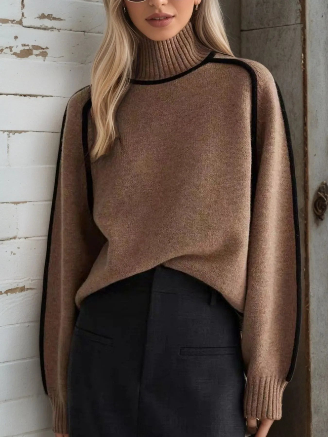 Contrast Trim Turtleneck Sweater - Premium variable from Tooksie - Just $52.99! Shop now at Tooksie