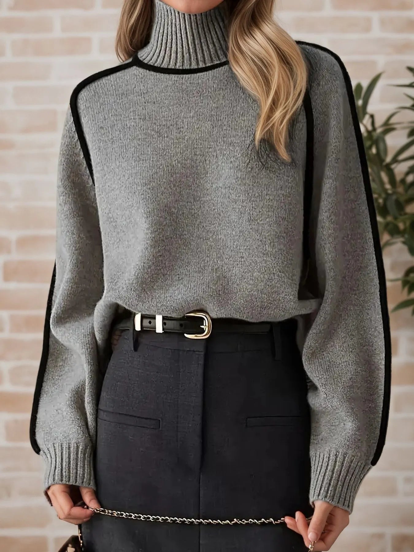 Contrast Trim Turtleneck Sweater - Premium variable from Tooksie - Just $52.99! Shop now at Tooksie