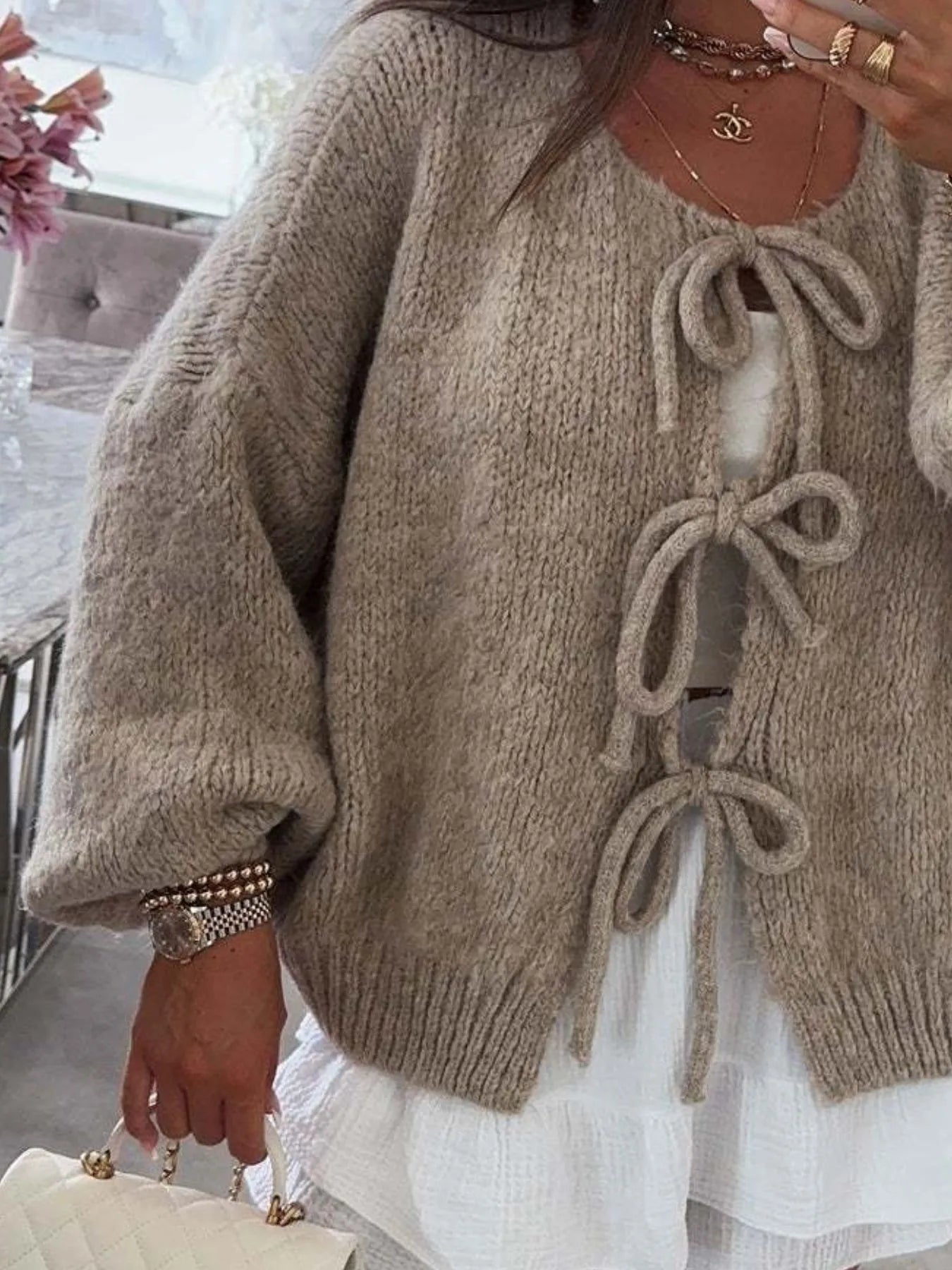 Bow Tie Front Knit Cardigan - Premium variable from Tooksie - Just $42.99! Shop now at Tooksie