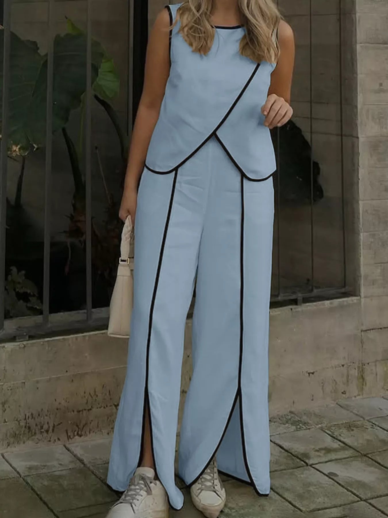 Contrast Trim Sleeveless Top and Wide-Leg Trouser Set - Premium variable from Tooksie - Just $76.99! Shop now at Tooksie
