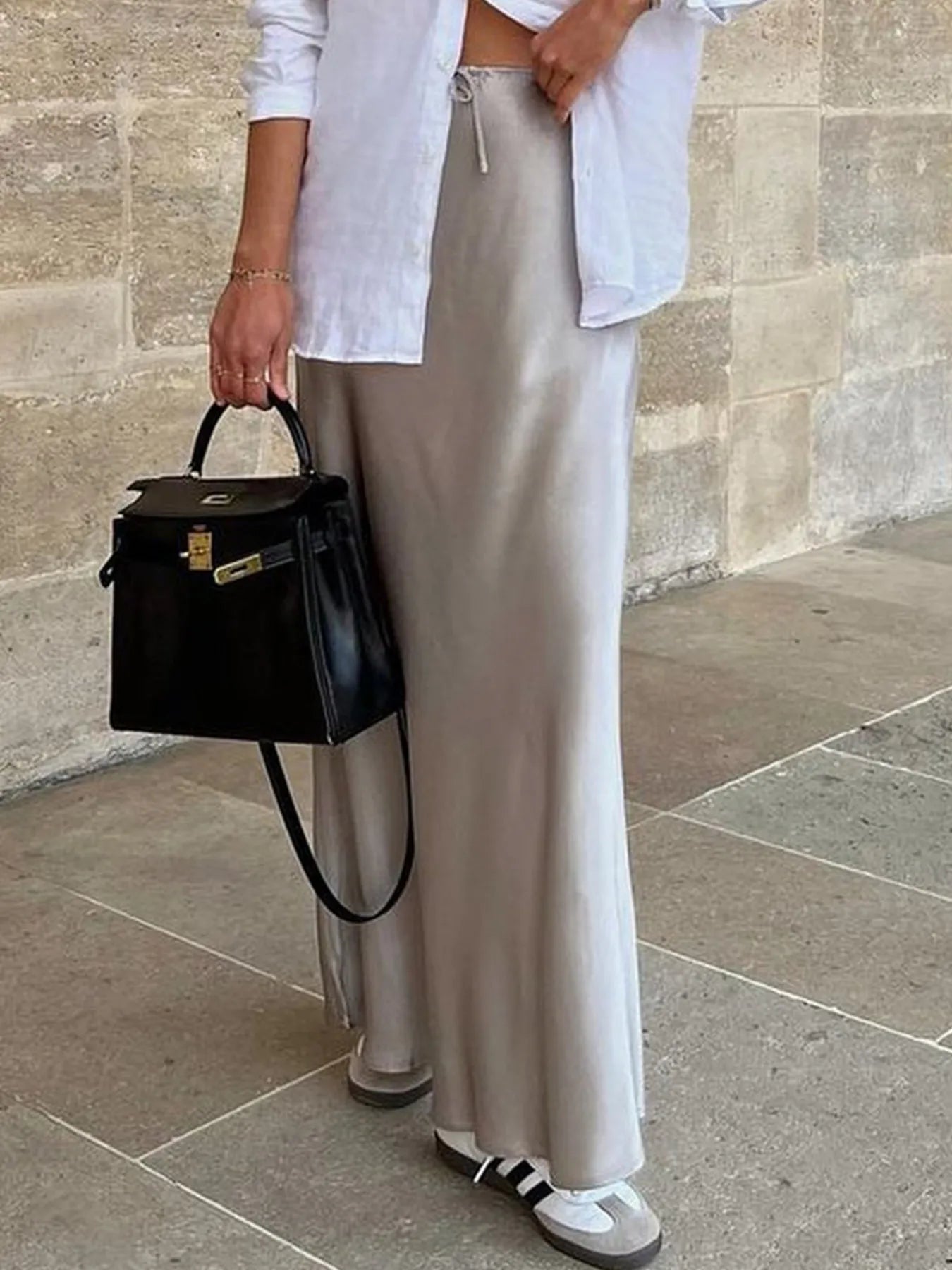 Satin Maxi Skirt with Drawstring Waist - Premium variable from Tooksie - Just $44.99! Shop now at Tooksie