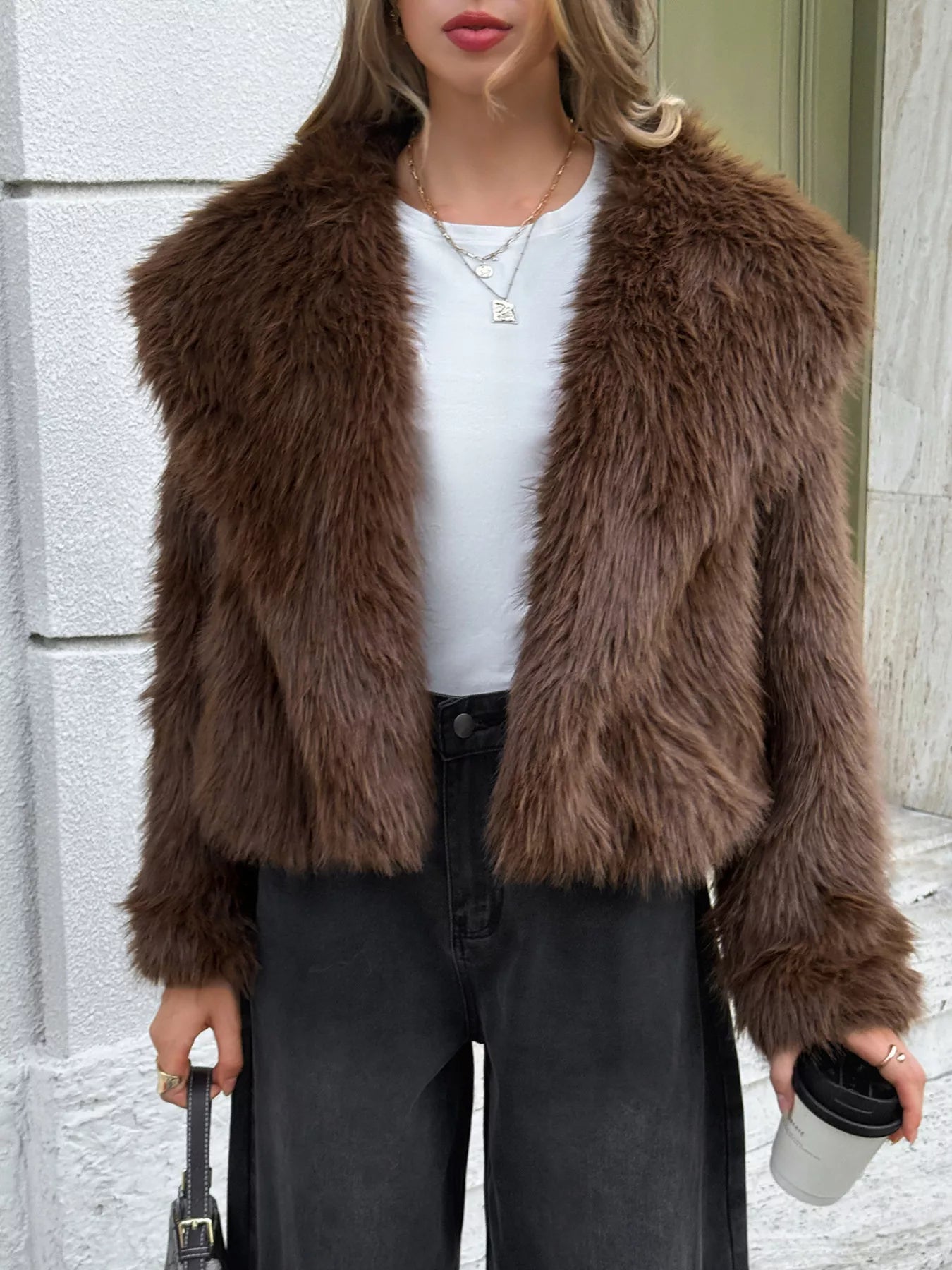 Open Front Faux Fur Cropped Jacket - Premium variable from Tooksie - Just $103.99! Shop now at Tooksie