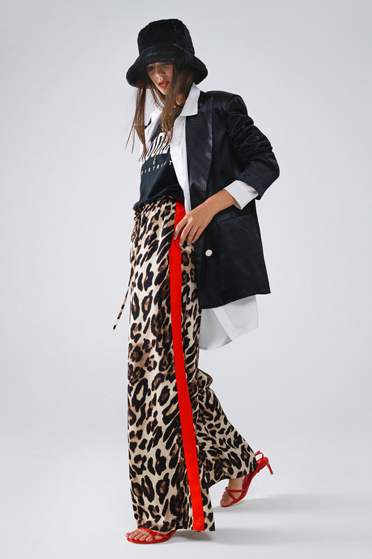 Leopard Print Wide Leg Trousers with Red Stripe - Premium variable from Tooksie - Just $64.90! Shop now at Tooksie