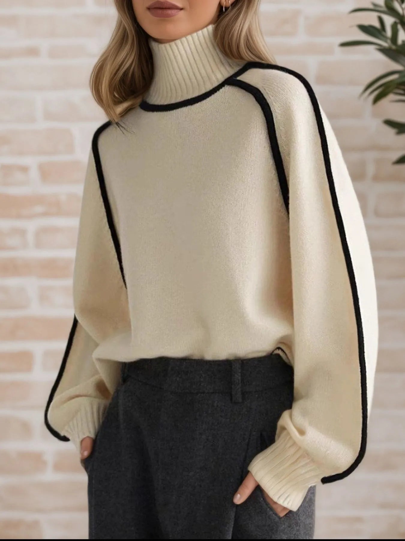 Contrast Trim Turtleneck Sweater - Premium variable from Tooksie - Just $52.99! Shop now at Tooksie