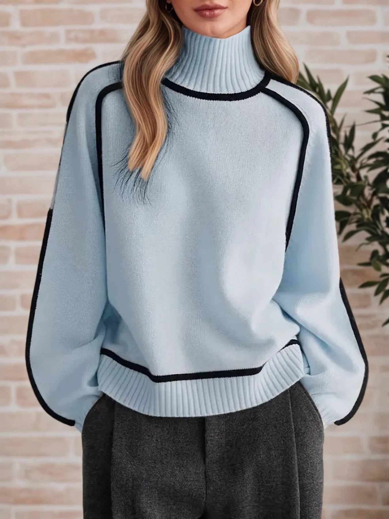 Contrast Trim Turtleneck Sweater - Premium variable from Tooksie - Just $52.99! Shop now at Tooksie