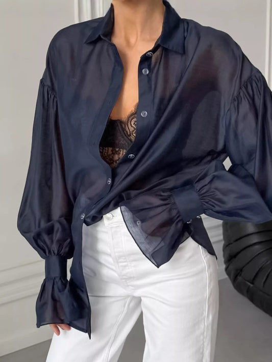 Button Up Flounce Sleeve Shirt - Premium variable from Tooksie - Just $41.99! Shop now at Tooksie