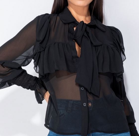 Black Pussy Bow Ruffle Trim Blouse - Premium variable from Tooksie - Just $24.99! Shop now at Tooksie
