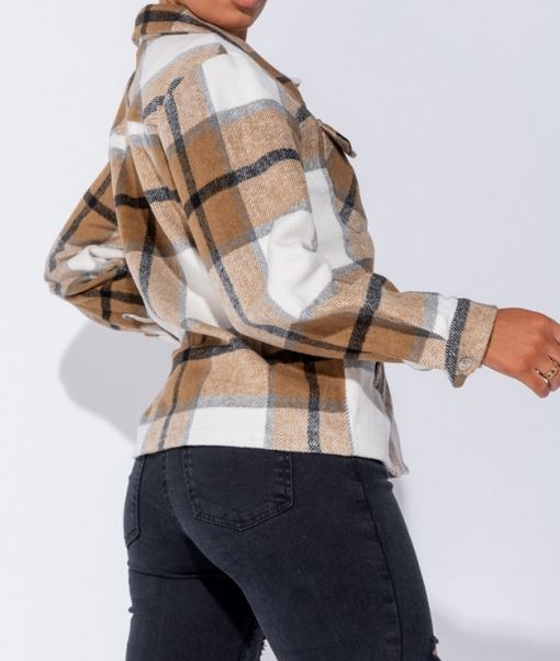 Camel Checked Shacket - Premium variable from Tooksie - Just $39.99! Shop now at Tooksie