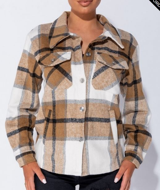 Camel Checked Shacket - Premium variable from Tooksie - Just $39.99! Shop now at Tooksie