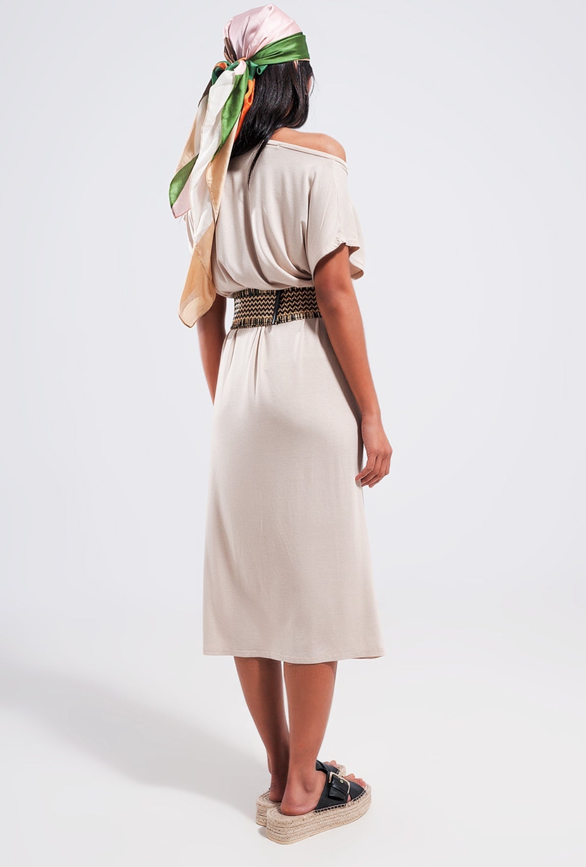 Beige Midi Dress - Premium simple from Tooksie - Just $46.99! Shop now at Tooksie