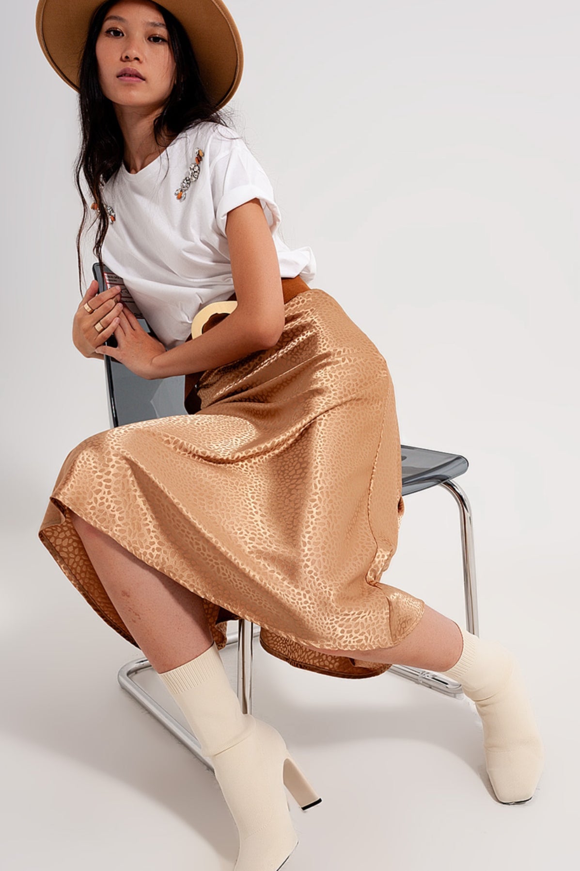 Gold Satin Midi Slip Skirt - Premium variable from Tooksie - Just $48.99! Shop now at Tooksie