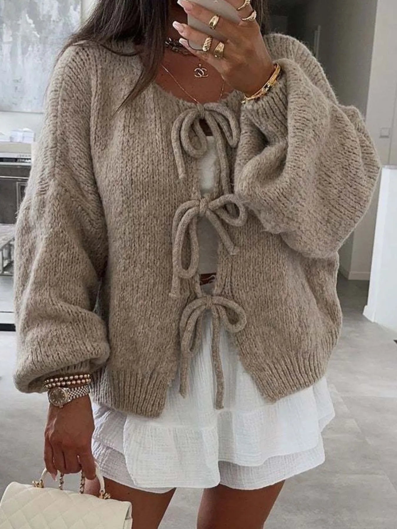 Bow Tie Front Knit Cardigan - Premium variable from Tooksie - Just $42.99! Shop now at Tooksie