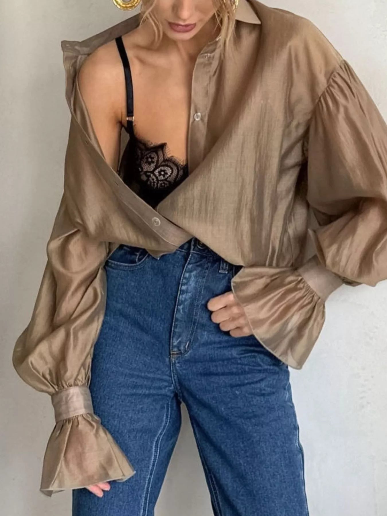 Button Up Flounce Sleeve Shirt - Premium variable from Tooksie - Just $41.99! Shop now at Tooksie