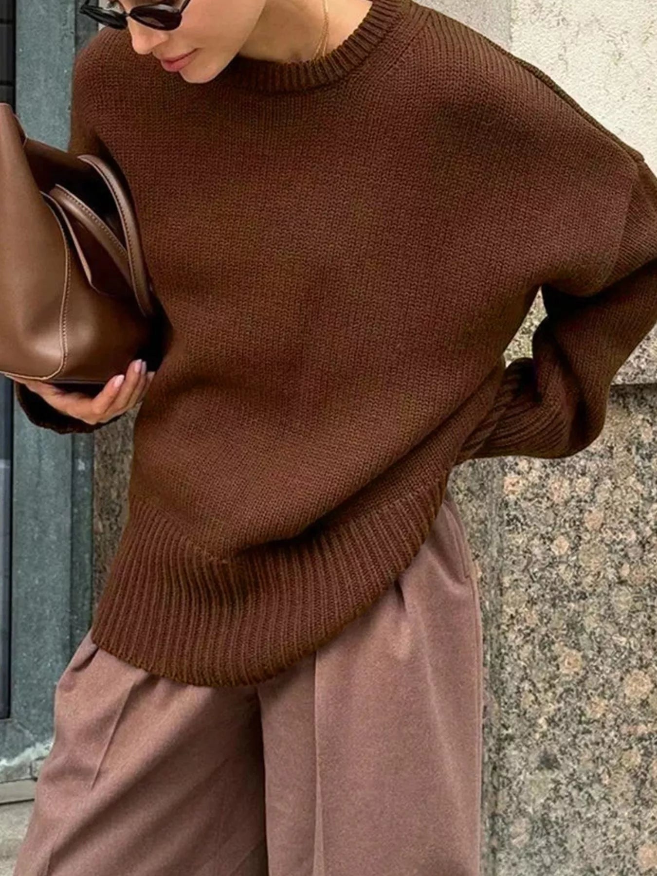 Ribbed Hem Crew Neck Sweater - Premium variable from Tooksie - Just $36.99! Shop now at Tooksie