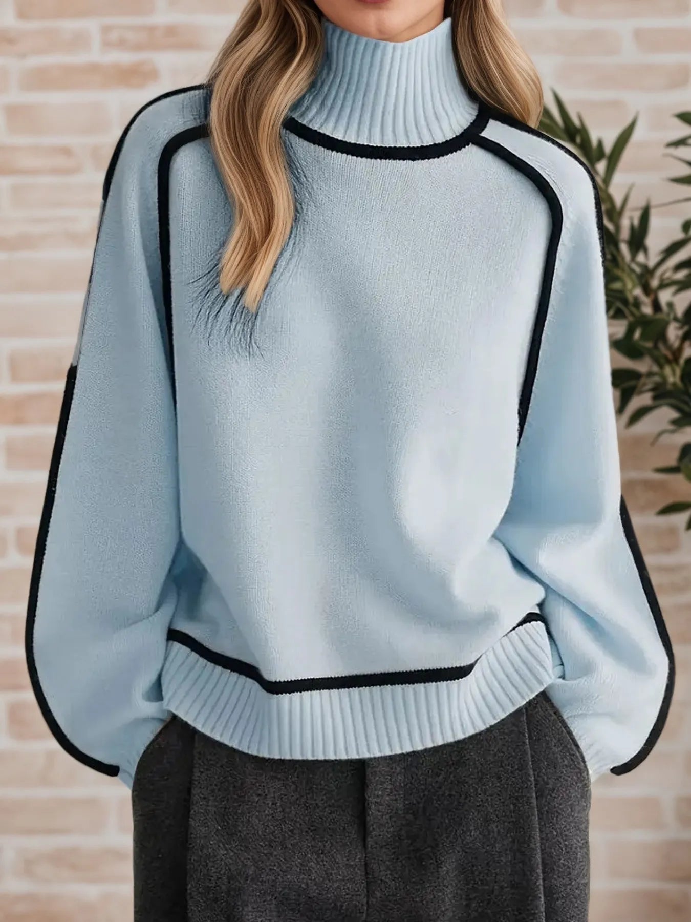 Contrast Trim Turtleneck Sweater - Premium variable from Tooksie - Just $52.99! Shop now at Tooksie