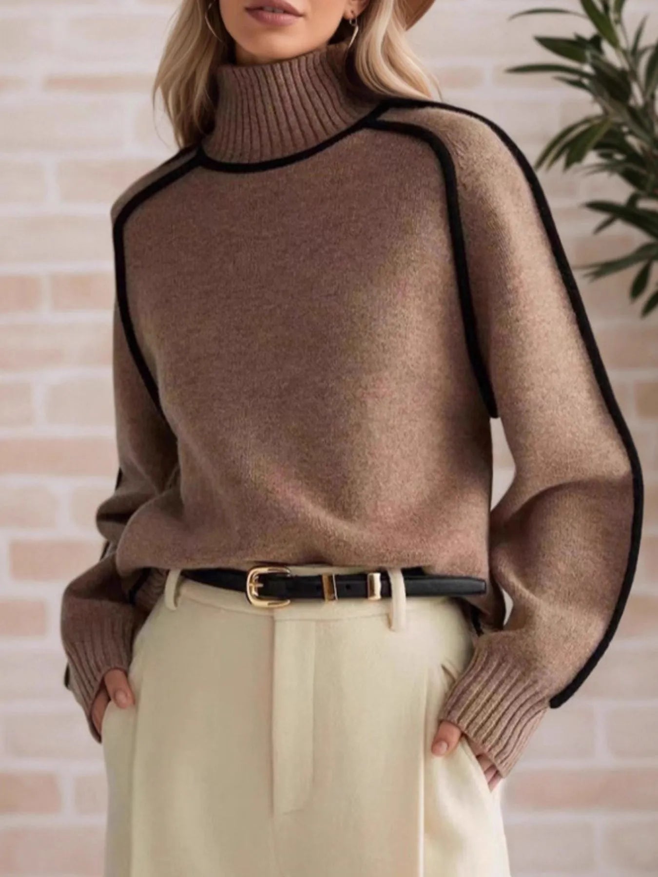 Contrast Trim Turtleneck Sweater - Premium variable from Tooksie - Just $52.99! Shop now at Tooksie