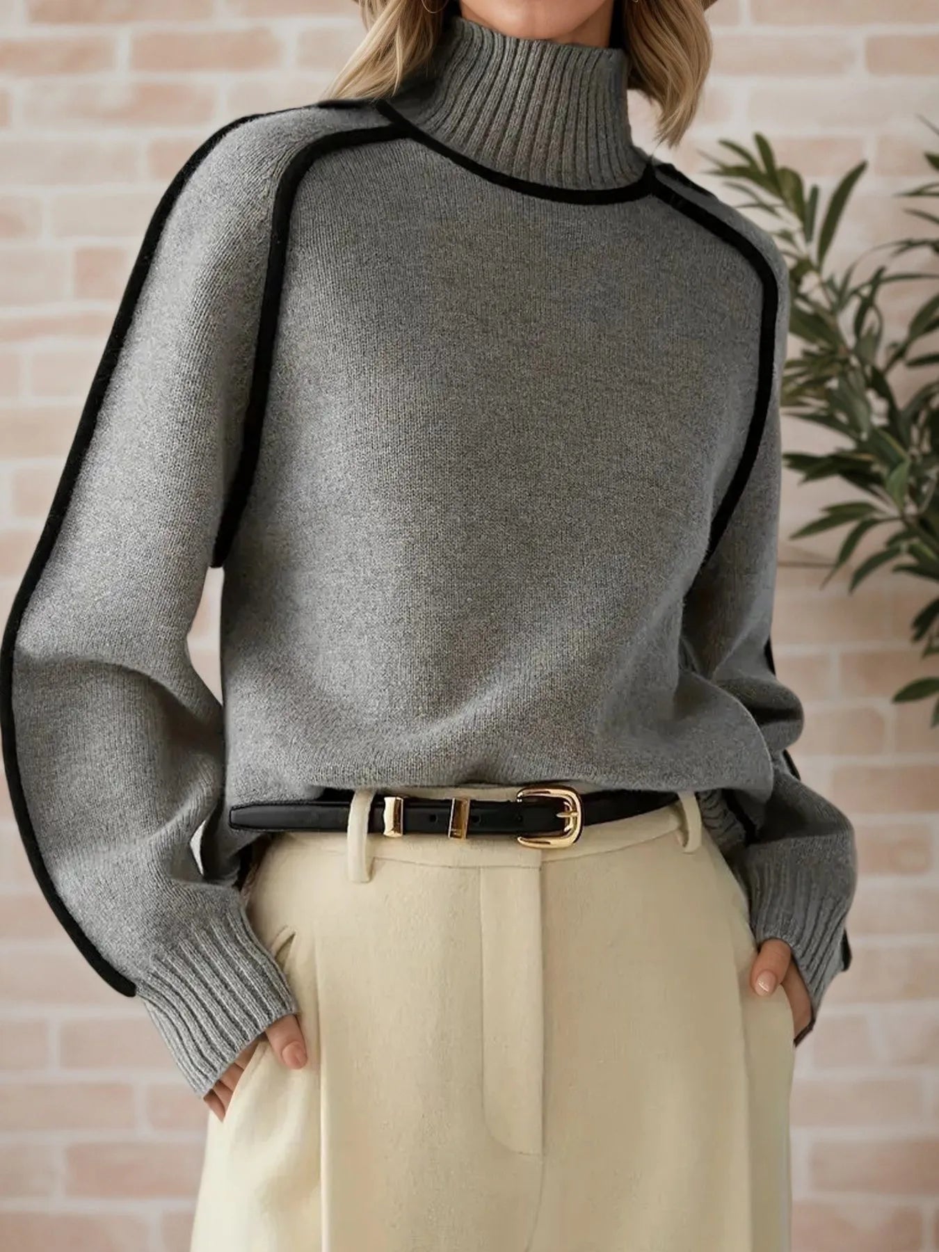 Contrast Trim Turtleneck Sweater - Premium variable from Tooksie - Just $52.99! Shop now at Tooksie