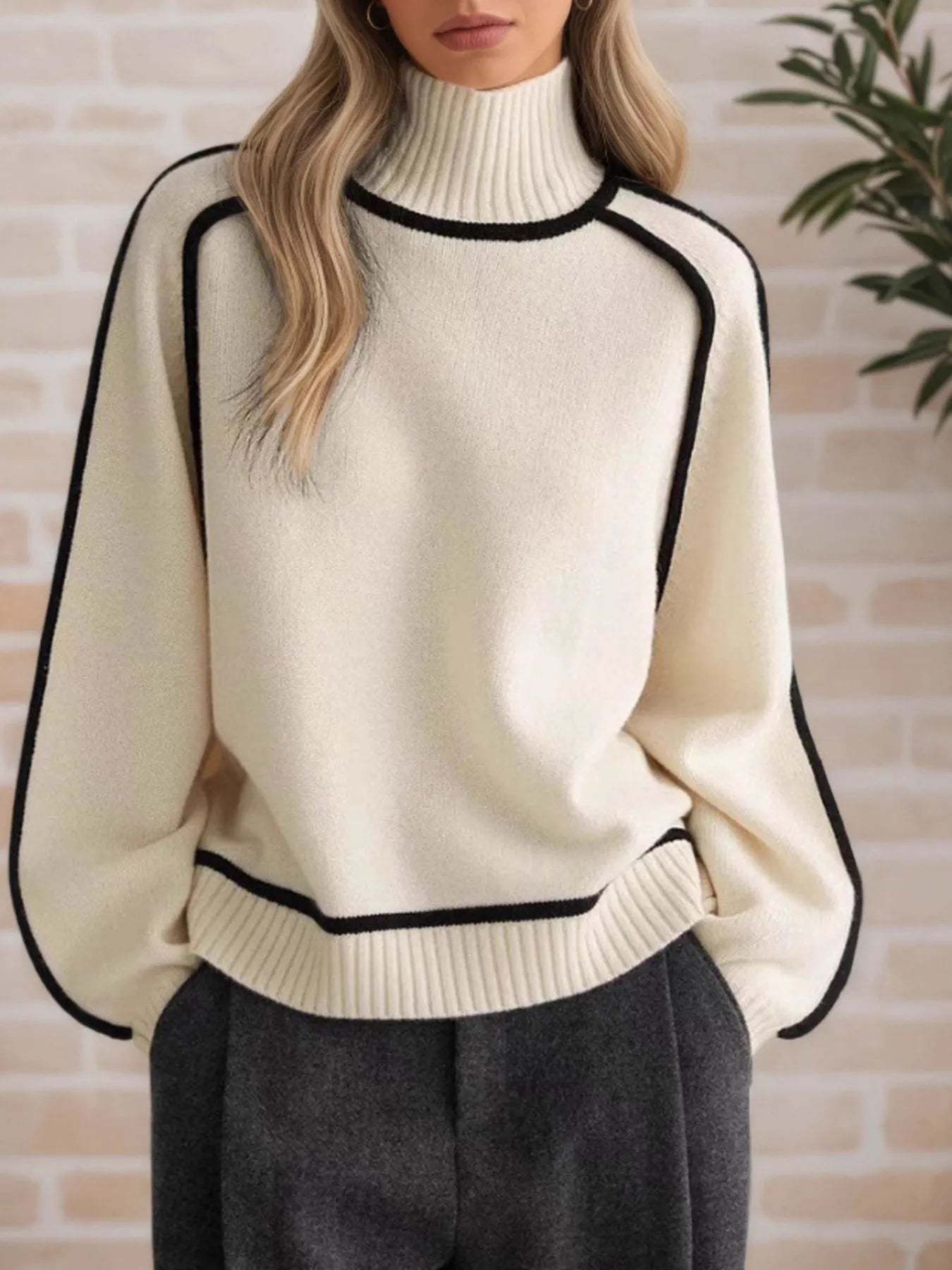 Contrast Trim Turtleneck Sweater - Premium variable from Tooksie - Just $52.99! Shop now at Tooksie