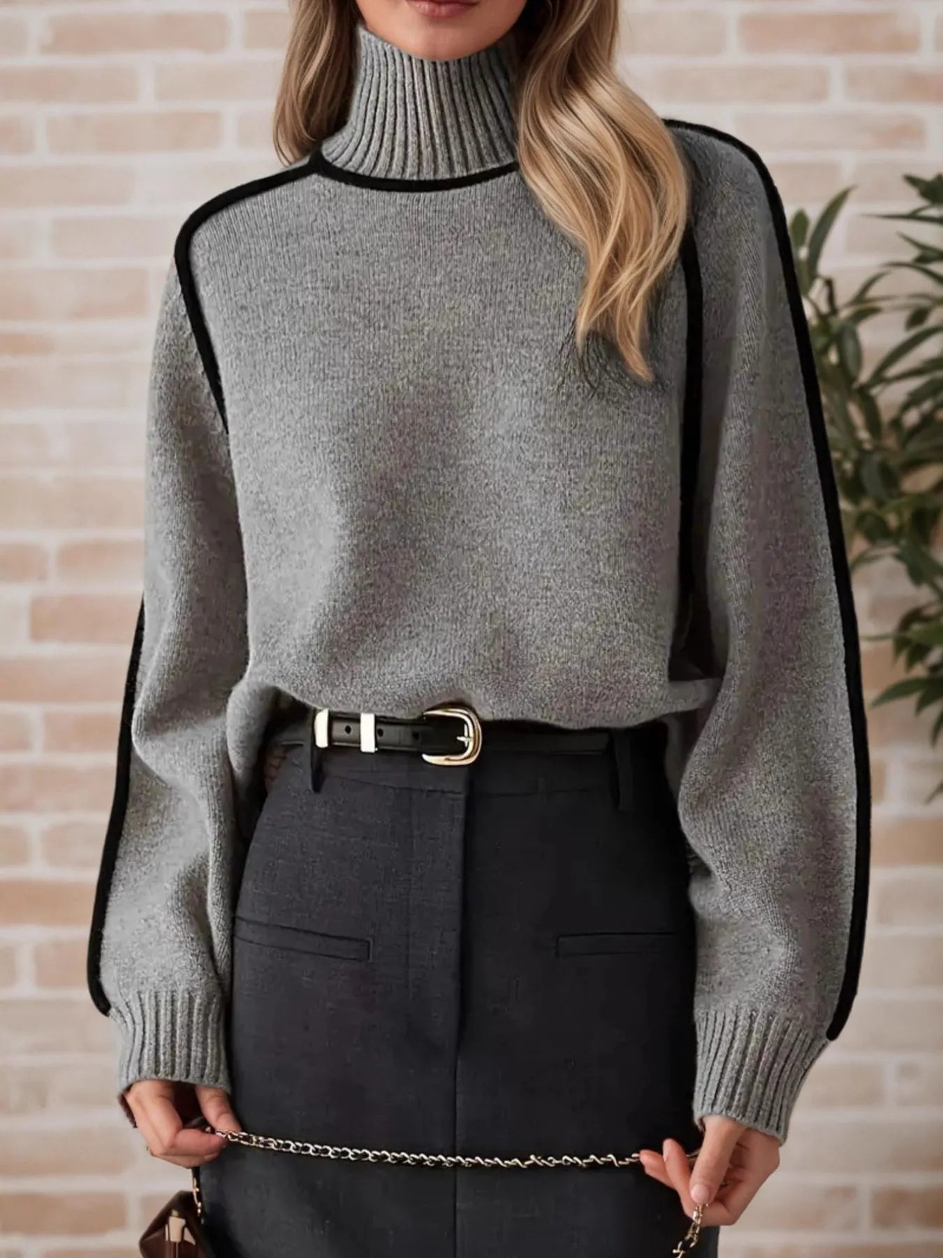 Contrast Trim Turtleneck Sweater - Premium variable from Tooksie - Just $52.99! Shop now at Tooksie
