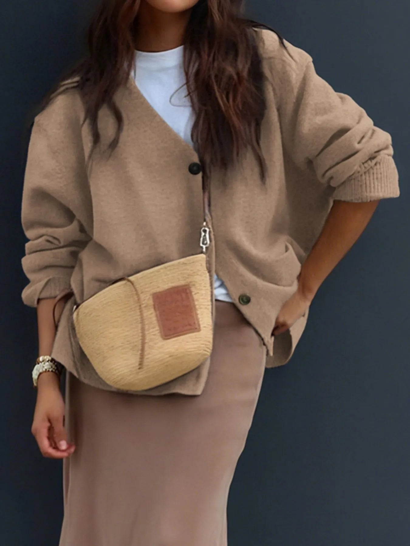 Button-Front Long Sleeve Cardigan - Premium variable from Tooksie - Just $59.99! Shop now at Tooksie