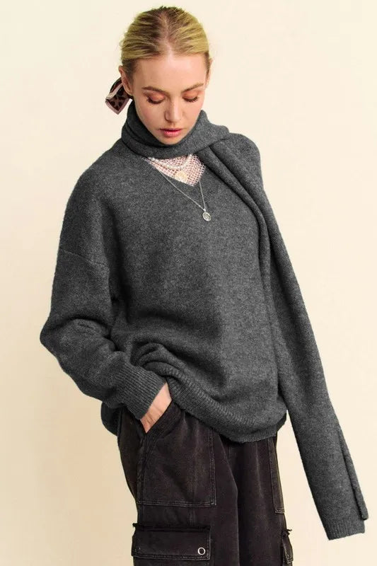 V-Neck Dropped Shoulder Sweater with Scarf - Premium variable from Tooksie - Just $49.99! Shop now at Tooksie