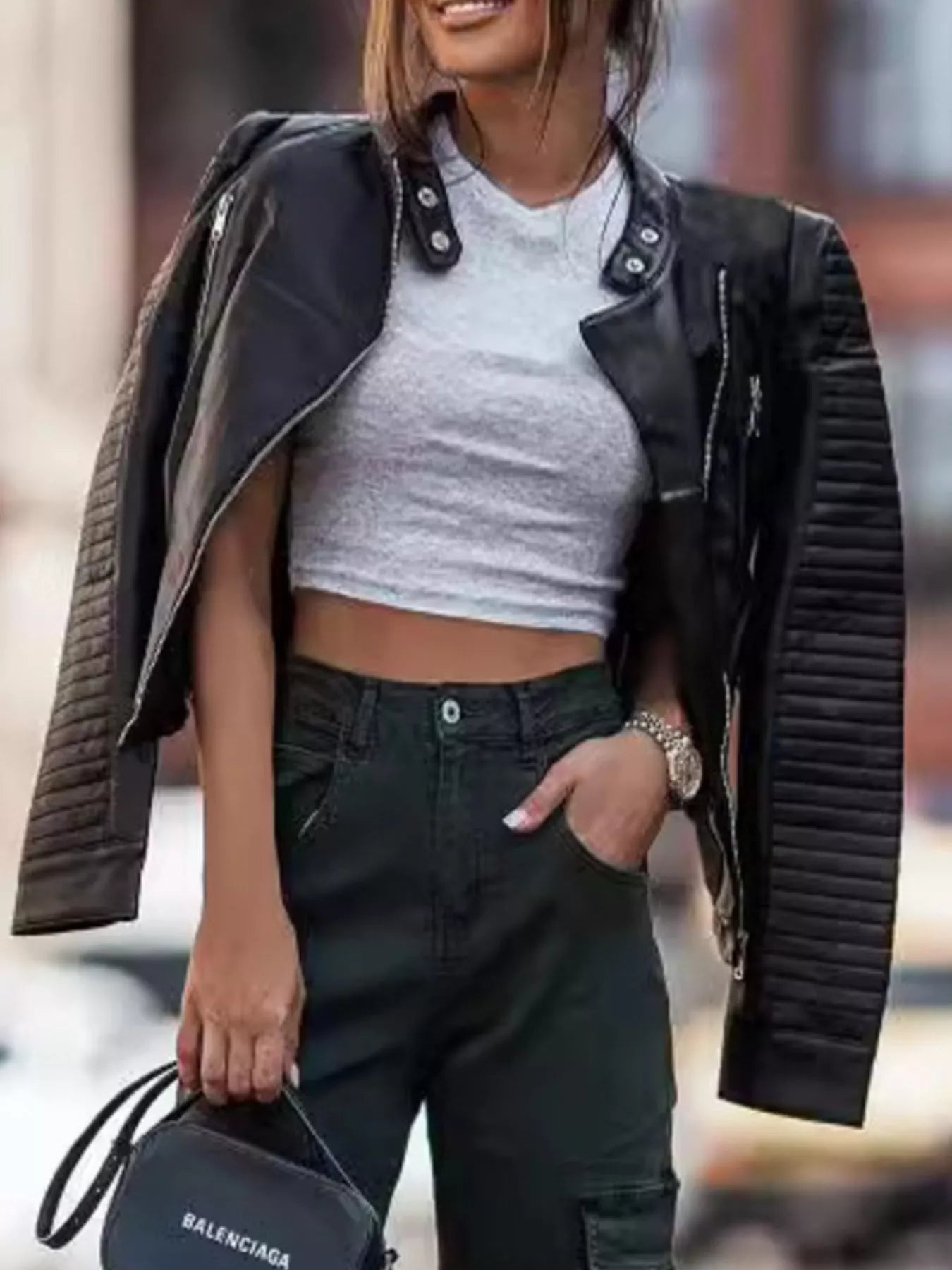 Faux Leather Quilted Sleeve Moto Jacket - Premium variable from Tooksie - Just $65.99! Shop now at Tooksie