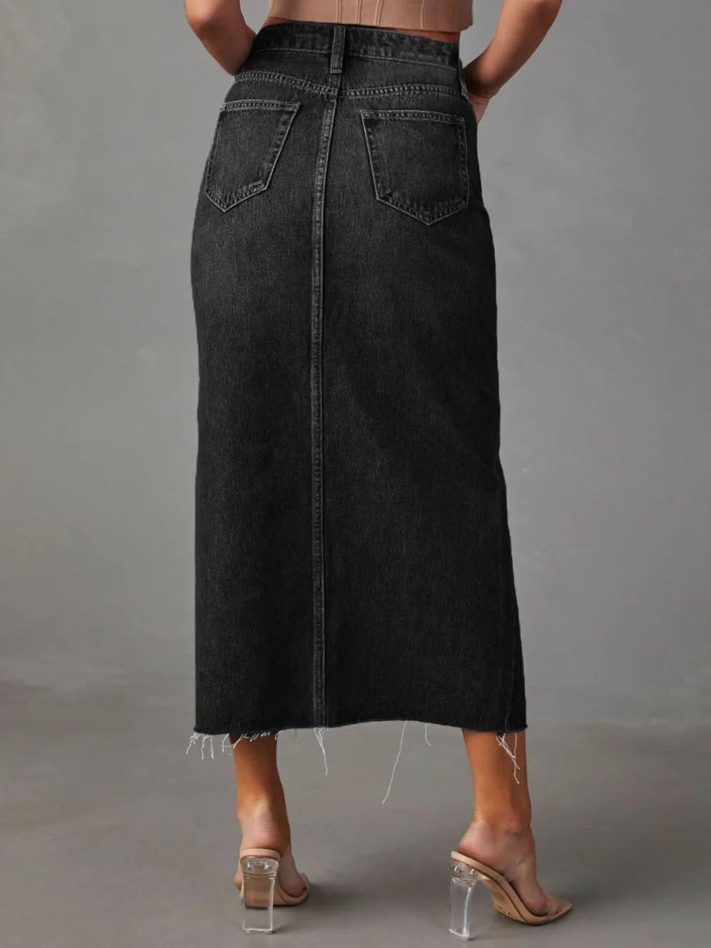 Raw Hem Front Slit Denim Midi Skirt - Premium variable from Tooksie - Just $34.99! Shop now at Tooksie