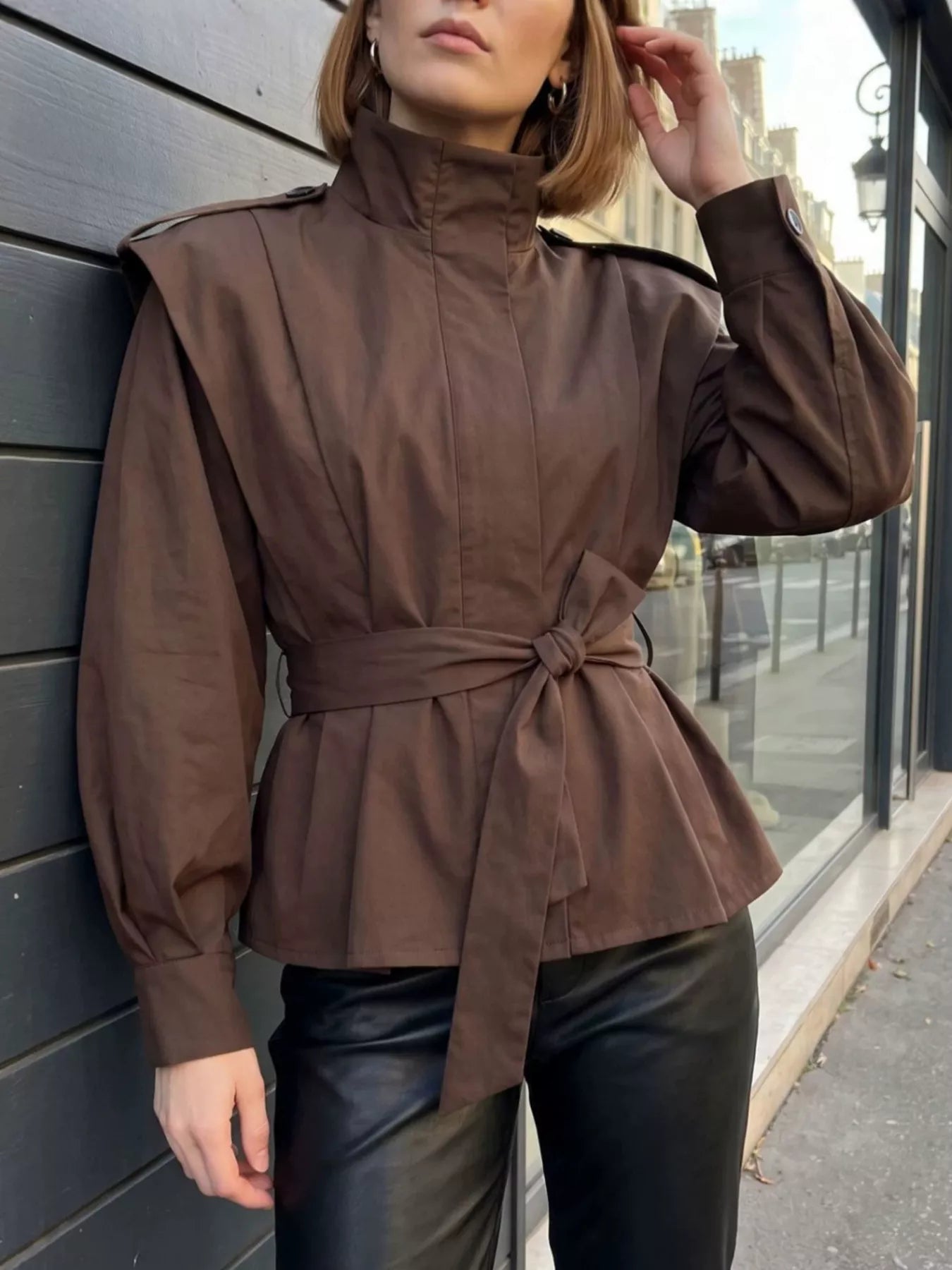 Funnel Neck Epaulette Detail Jacket - Premium variable from Tooksie - Just $67.99! Shop now at Tooksie