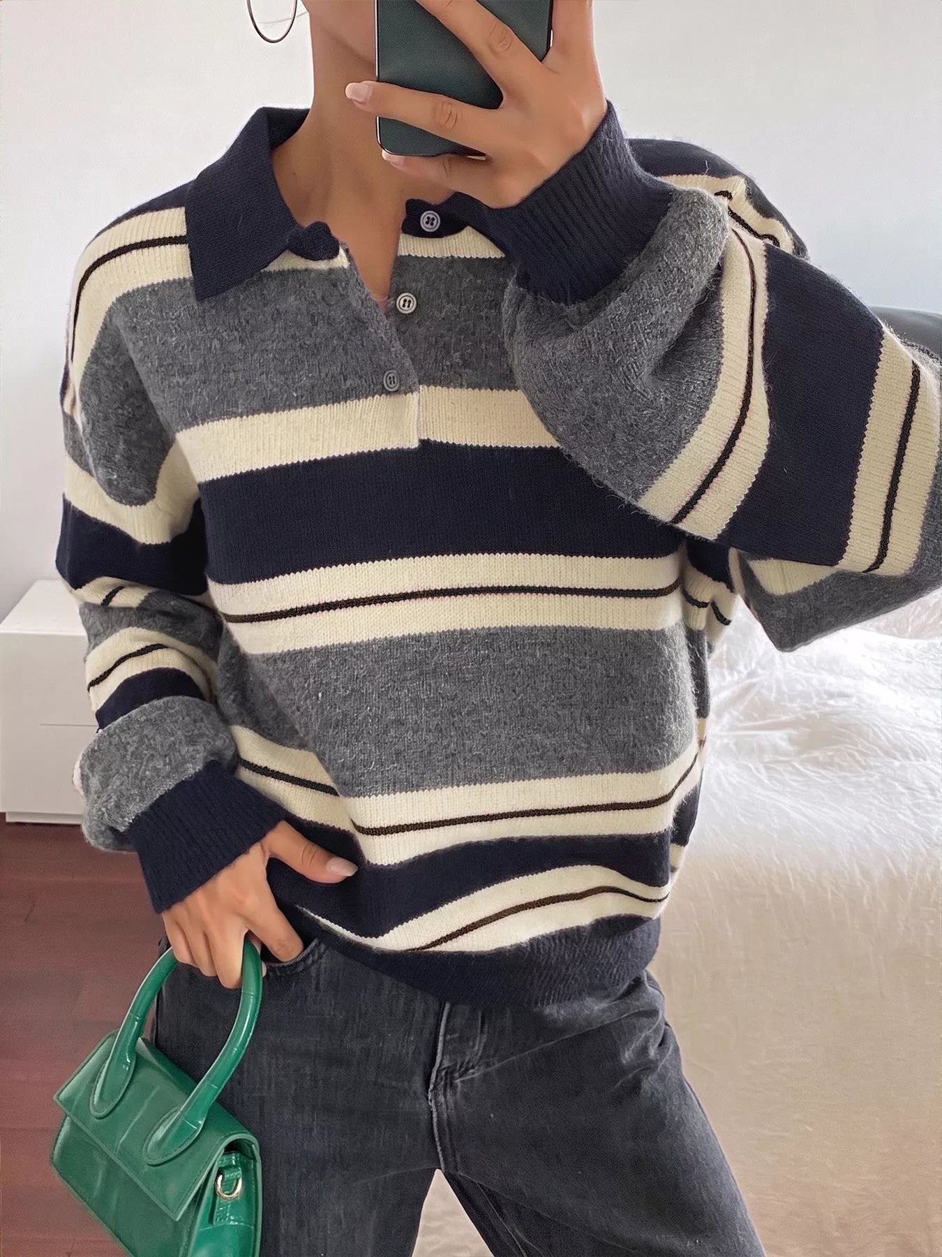 Striped Long Sleeve Button Detail Polo Sweater - Premium variable from Tooksie - Just $41.99! Shop now at Tooksie