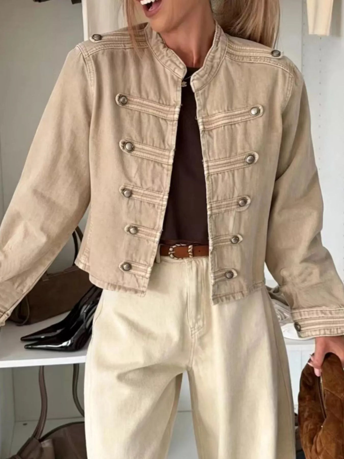 Cropped Denim Military Inspired Jacket - Premium variable from Tooksie - Just $77.99! Shop now at Tooksie
