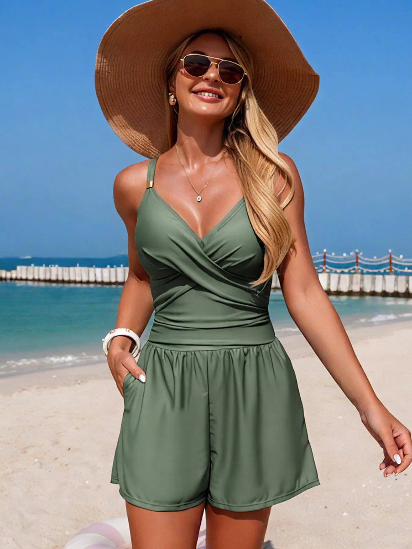 V-Neck Spaghetti Strap Swim Romper - Premium variable from Tooksie - Just $37.99! Shop now at Tooksie