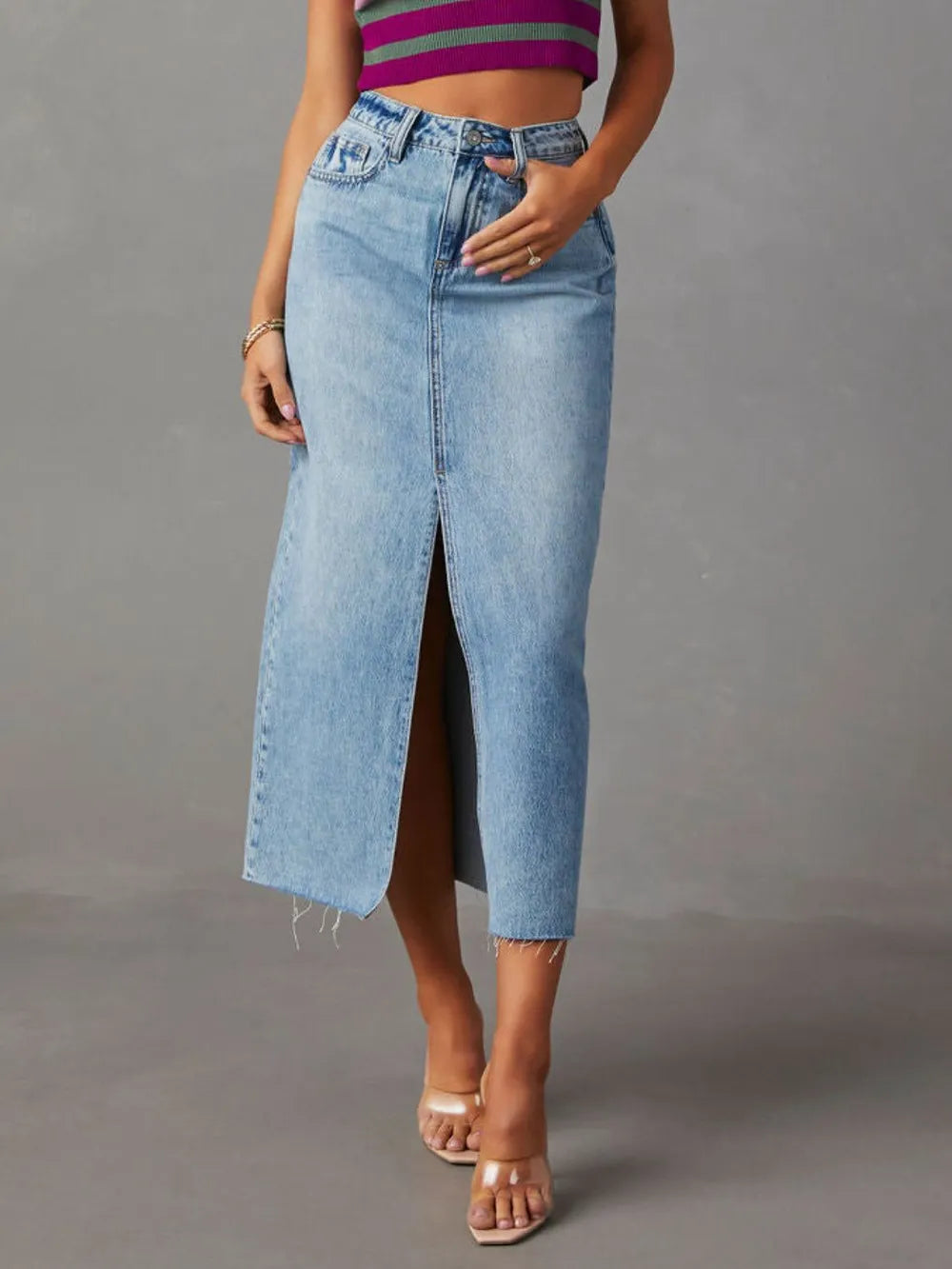 Raw Hem Front Slit Denim Midi Skirt - Premium variable from Tooksie - Just $34.99! Shop now at Tooksie