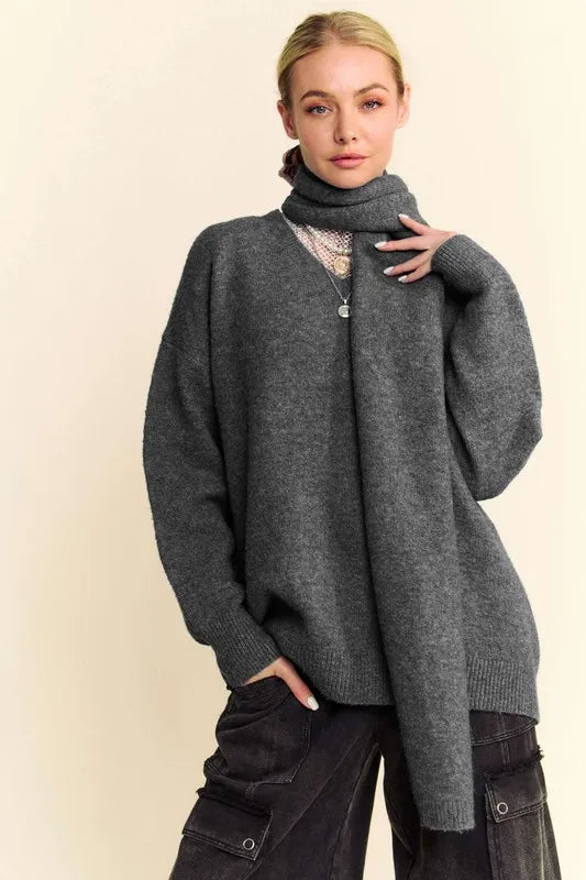 V-Neck Dropped Shoulder Sweater with Scarf - Premium variable from Tooksie - Just $49.99! Shop now at Tooksie