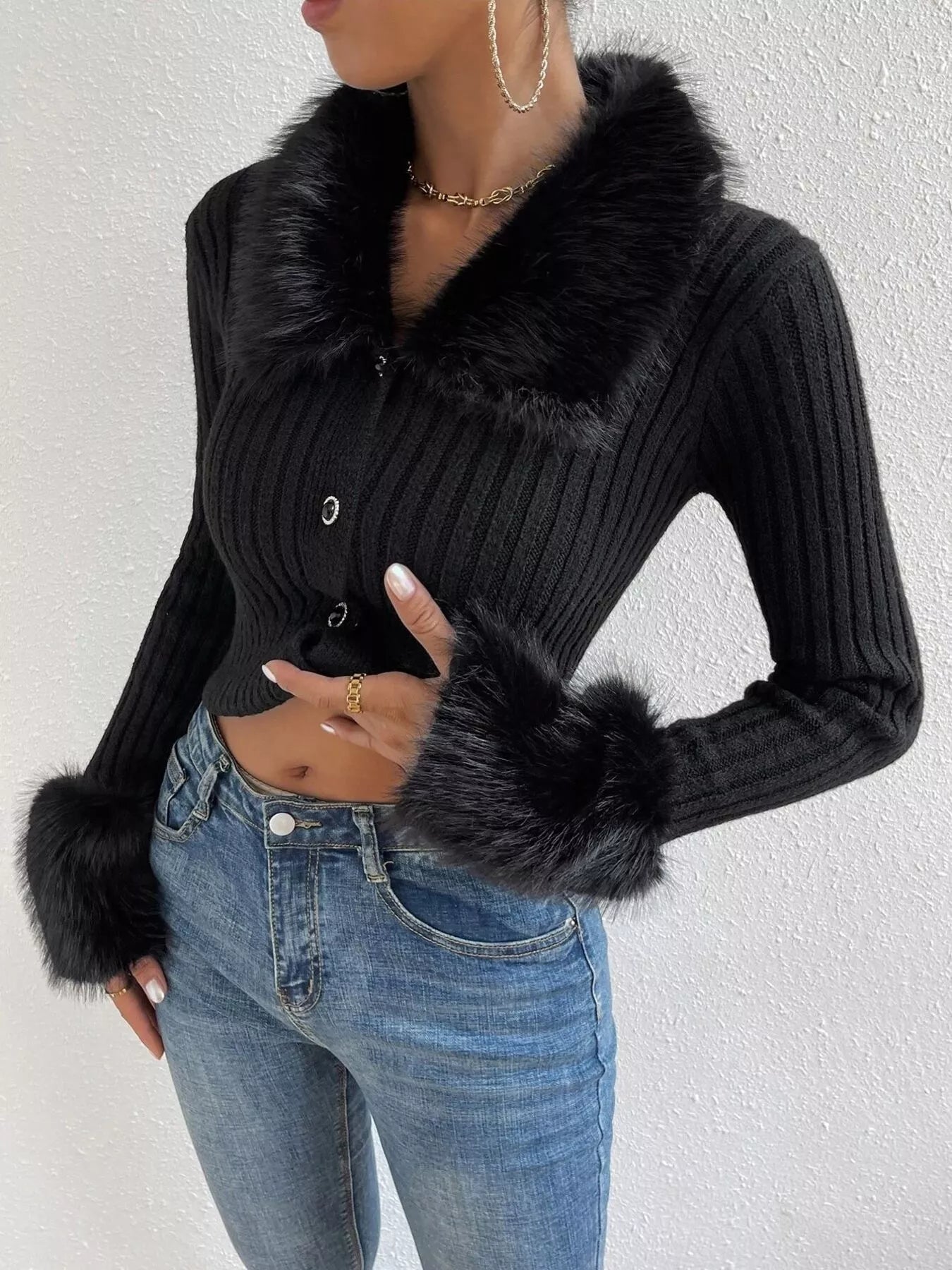 Faux Fur Trim Ribbed Knit Cropped Cardigan - Premium variable from Tooksie - Just $49.99! Shop now at Tooksie