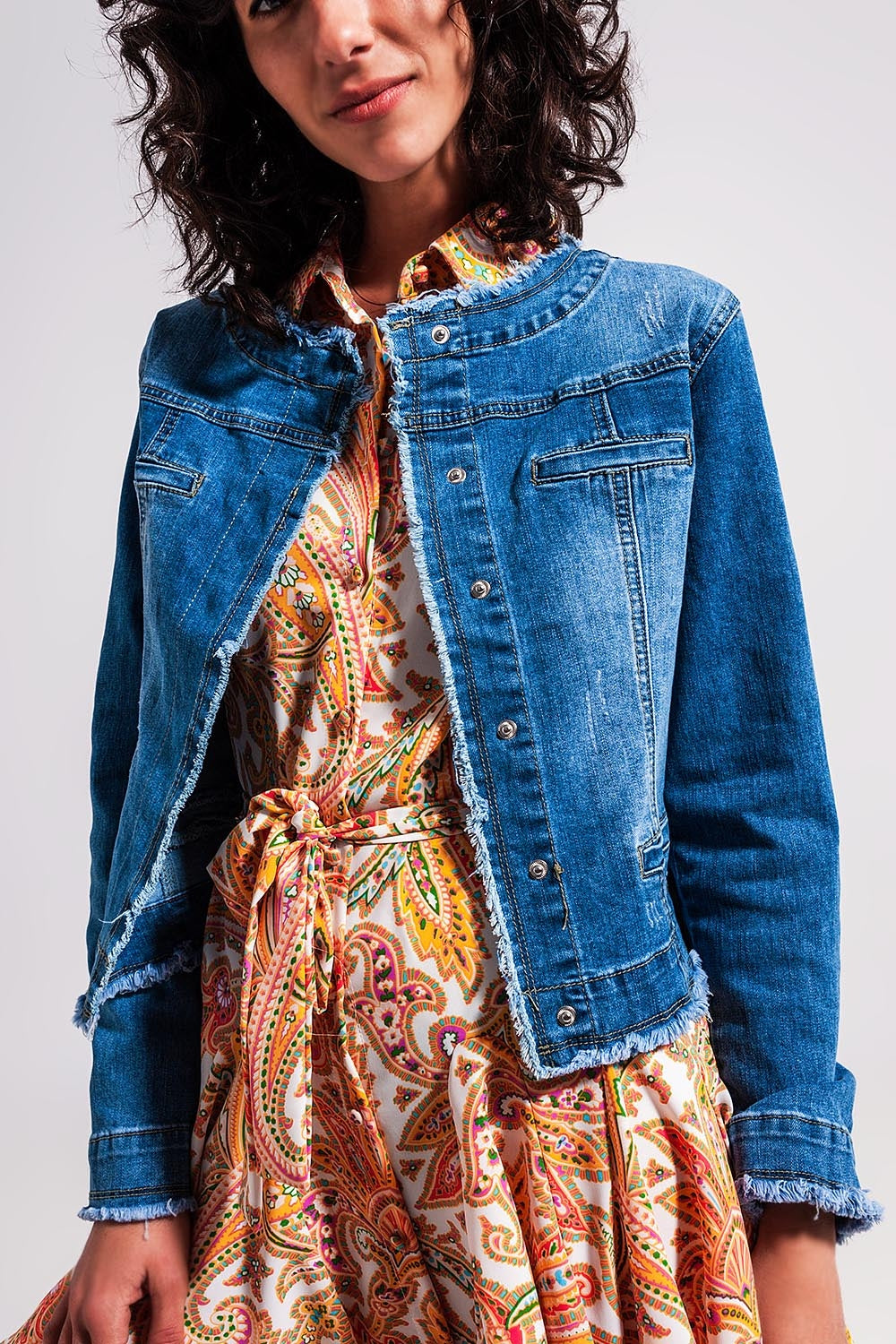 Light Wash Denim Jacket With Raw Hem Edge - Premium variable from Tooksie - Just $79.90! Shop now at Tooksie