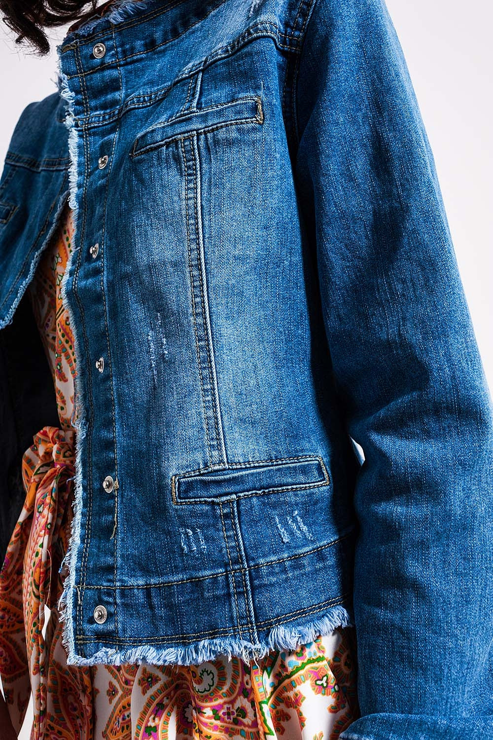 Light Wash Denim Jacket With Raw Hem Edge - Premium variable from Tooksie - Just $79.90! Shop now at Tooksie