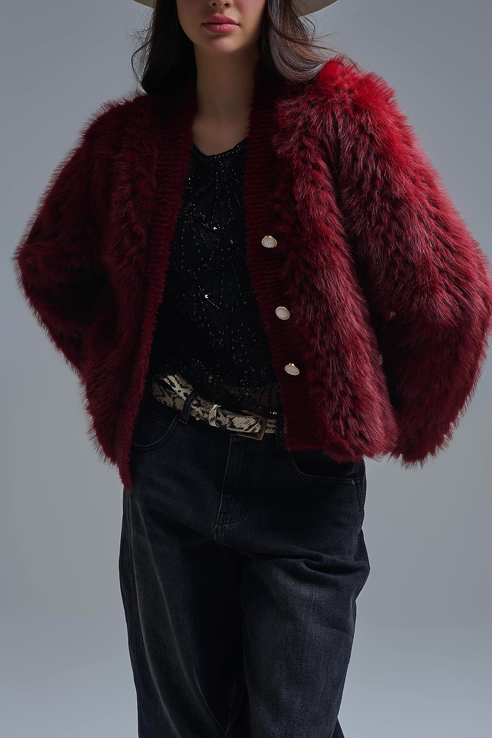 Burgundy Faux Fur Cardigan Jacket - Premium variable from Tooksie - Just $109.90! Shop now at Tooksie