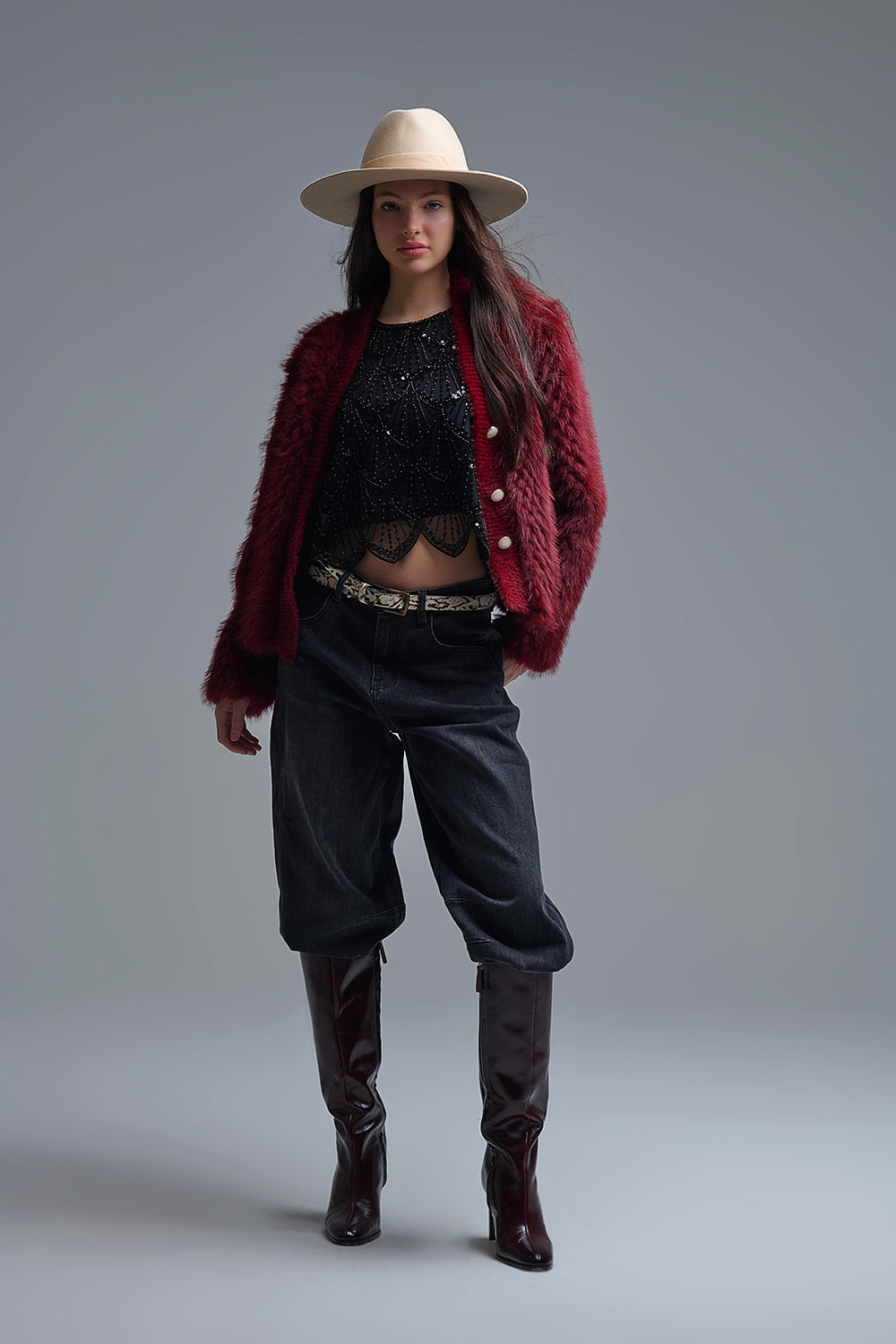 Burgundy Faux Fur Cardigan Jacket - Premium variable from Tooksie - Just $109.90! Shop now at Tooksie