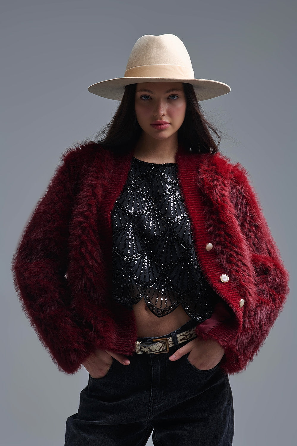 Burgundy Faux Fur Cardigan Jacket - Premium variable from Tooksie - Just $109.90! Shop now at Tooksie