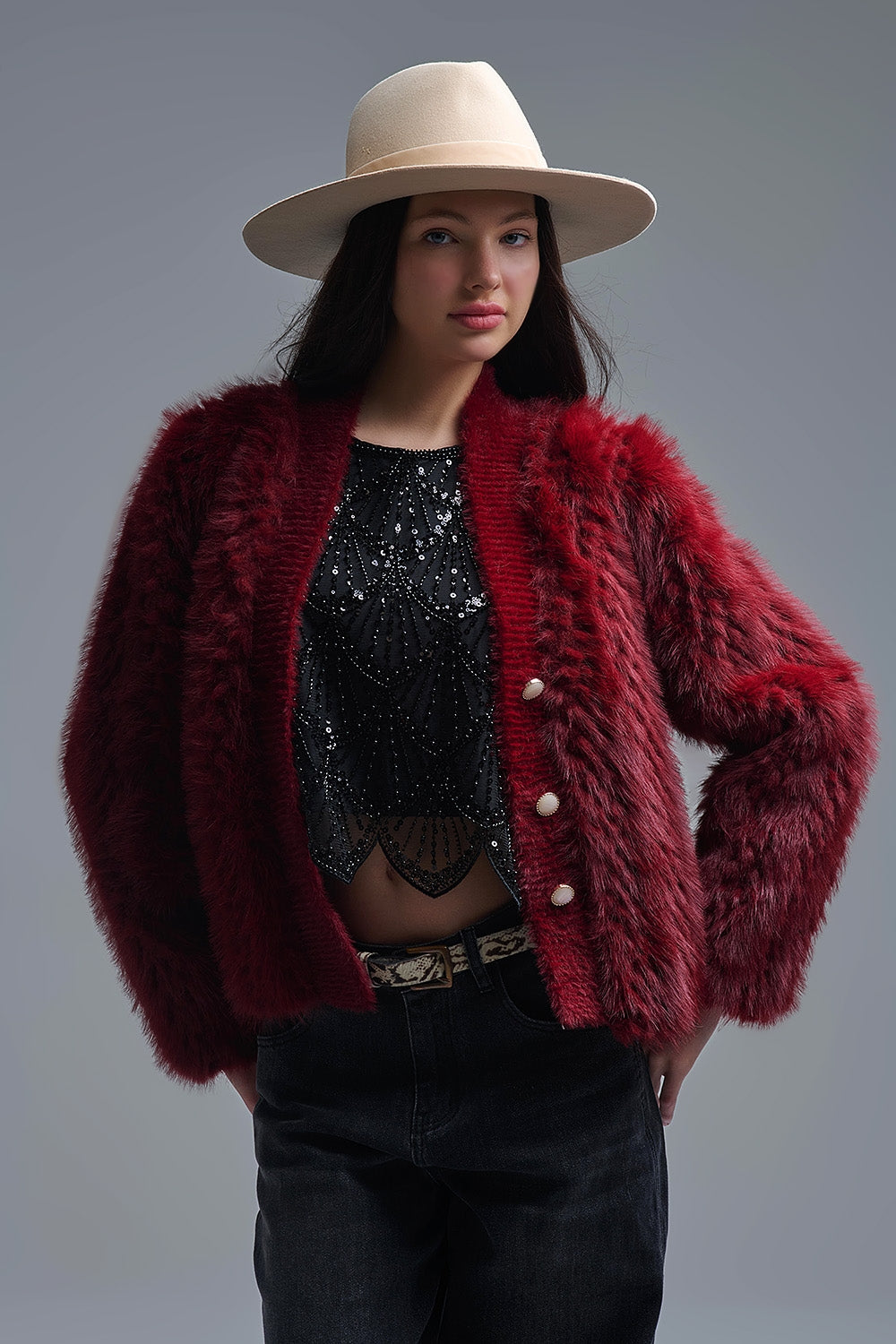 Burgundy Faux Fur Cardigan Jacket - Premium variable from Tooksie - Just $109.90! Shop now at Tooksie