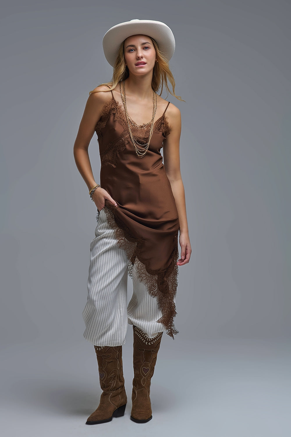 Asymmetrical Satin Lace Dress in brown