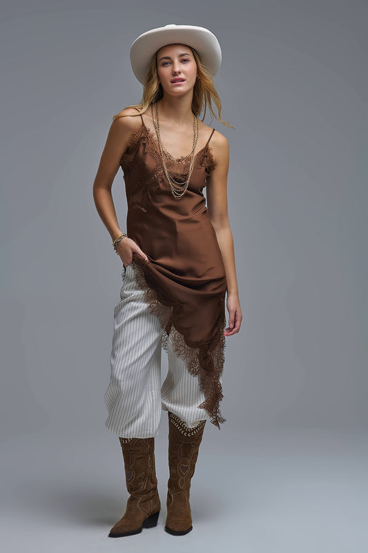 Asymmetrical Satin Lace Dress in brown